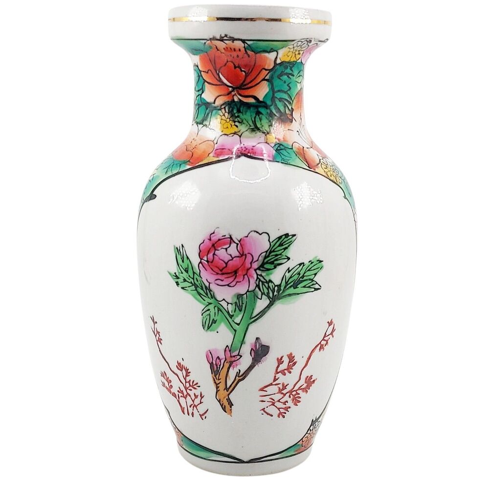 VTG 70-90's Chinese Hand Painted Enamel Geisha Peony 8.25" Vase Zhongguo Zhizao - Picture 3 of 12
